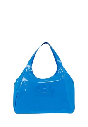 Borsa a spalla blu brillante lucida con spalline larghe e logo discretamente impresso sulla parte anteriore, realizzata in materiale lucido e liscio.