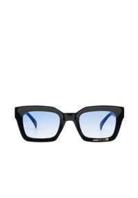 Occhiali neri rettangolari con bordi leggermente arrotondati e lenti leggermente bluastre su uno sfondo bianco.