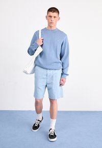 Maglione azzurro chiaro a maglia con trama a costine, abbinato a pantaloni corti azzurri chiari. Indossato da una figura maschile, che tiene una borsa a tracolla bianca. Sneakers nere ai piedi.