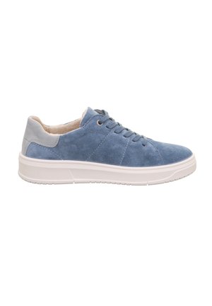 Blue suede sneaker with a white rubber sole. Features a rounded toe, lace-up front, and contrasting light blue accents on the heel.