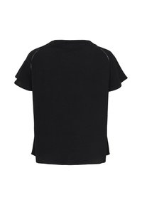 Blouse noire texturée à manches courtes avec des manches légèrement volantées et un col rond, vue de dos sur fond blanc.