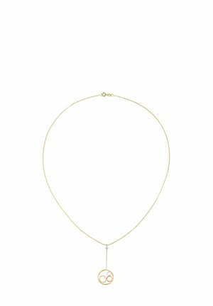 Collier en métal doré avec une chaîne délicate et un pendentif présentant des formes circulaires entrelacées en or et argent, orné d'une petite pierre précieuse.