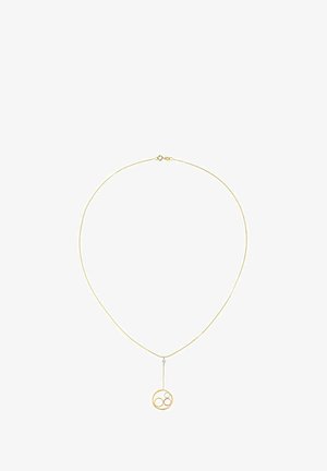 Zelta toņa kaklarota ar smalku ķēdīti un piekariņu, kurā ir savijušās zelta un sudraba apaļas formas, papildinātas ar nelielu dārgo akmeni.