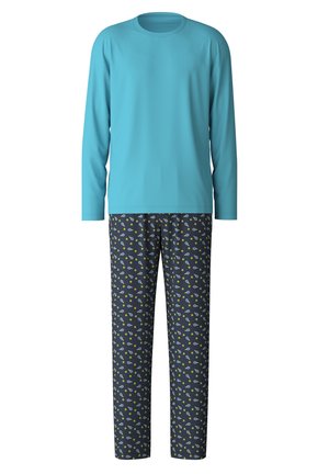 Lichtblauw longsleeve shirt met een ronde hals, gecombineerd met donkerblauwe broek met een kleurrijk abstract patroon. Zachte, ademende stof.