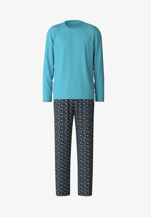 Light blue long-sleeve shirt with a crew neck, paired with dark navy pants featuring a colorful abstract pattern. Soft, breathable fabric.