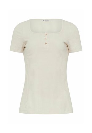 Crèmekleurig geribbeld kortärmelig shirt met een vierkante halslijn en drie decoratieve gouden sterrenknopen aan de voorkant in het midden.