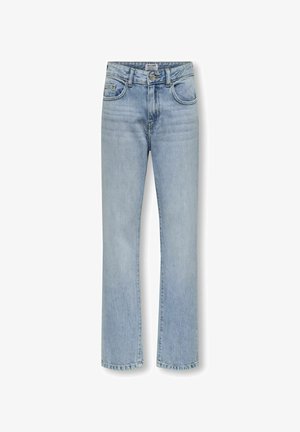 Jeans din denim de un albastru deschis au o croială dreaptă, talie înaltă, buzunare frontale și o decolorare subtilă. Materialul este moale cu cusături clasice.