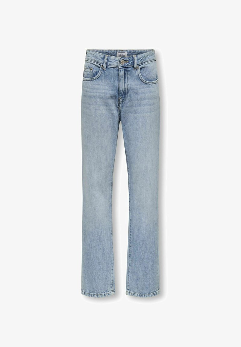 Heled sinise denimi teksad on sirge säärtega, kõrge vöökohaga, ees taskutega ja kerge pleekimisega. Materjal on pehme ja klassikaliste õmblustega.