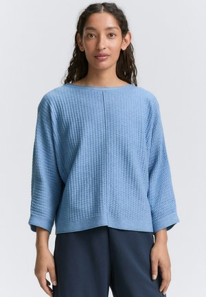 Maglione azzurro chiaro in tessuto strutturato con maniche a tre quarti e vestibilità rilassata. Presenta una cucitura orizzontale al centro e polsini a coste.
