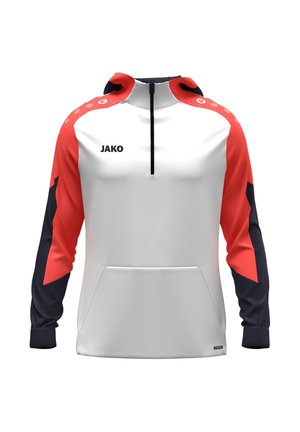 Weißer Sportpullover mit rot-blauem Design. Verfügt über einen Reißverschluss am Hals, eine Kapuze, lange Ärmel und eine Fronttasche. Logo auf der Brust.