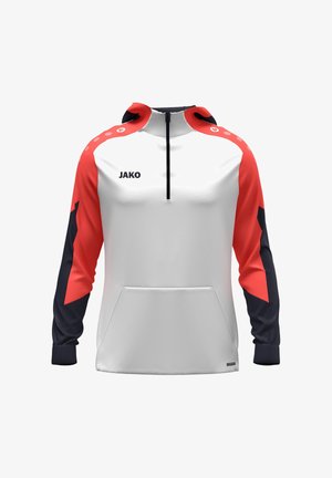 Weißer Sportpullover mit rot-blauem Design. Verfügt über einen Reißverschluss am Hals, eine Kapuze, lange Ärmel und eine Fronttasche. Logo auf der Brust.