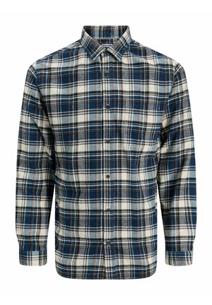 Chemise en flanelle avec un motif à carreaux bleu, gris et blanc. Présente un col button-down et des manches longues. Deux fermetures à boutons à l'avant.
