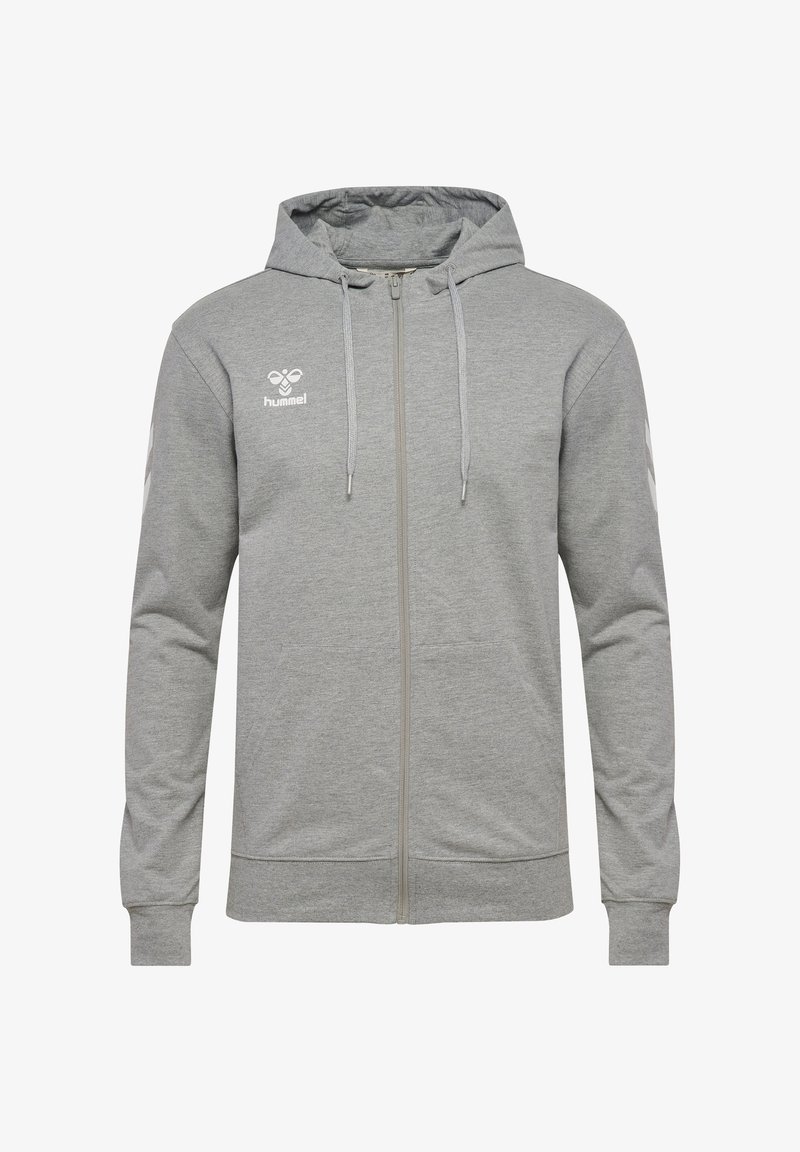 Szara bluza z kapturem na zamek, z troczkiem w kapturze, kieszeniami typu kangur, ściągaczami na mankietach oraz białym logo na piersi i wzorzystymi akcentami na rękawach.