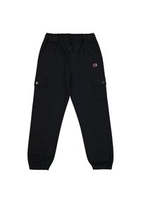 Schwarze Cargo-Hosen mit elastischem Bund, Kordelzug, zwei seitlichen Taschen und Logo-Patch auf der Vorderseite. Hergestellt aus weichem, leichtem Material.