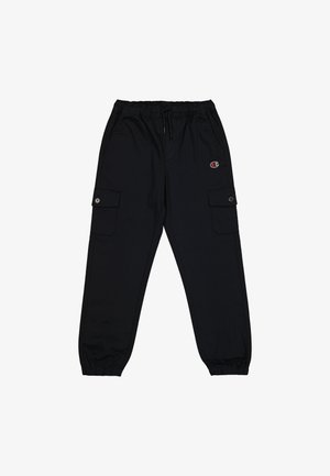 Black cargo pants with elastic waistband, drawstring, two side pockets and logo patch on front. Made of soft, lightweight fabric.