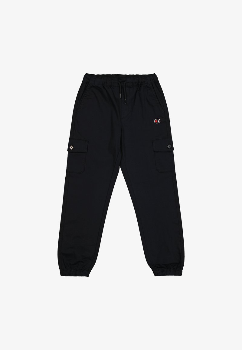 Schwarze Cargo-Hosen mit elastischem Bund, Kordelzug, zwei seitlichen Taschen und Logo-Patch auf der Vorderseite. Hergestellt aus weichem, leichtem Material.