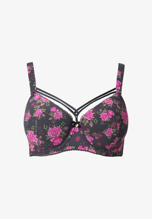 Schwarzer BH mit rosa floralem Muster, verstellbaren Trägern, Bügel-Cups und dekorativen Doppelträgern über der Vorderseite.