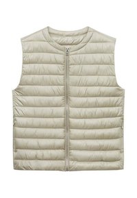 Veste matelassée sans manches beige clair avec fermeture éclair à l'avant et col rond.