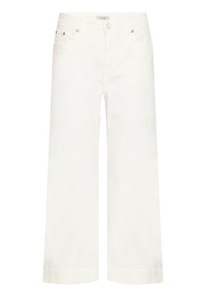 Valged kõrge vöökohaga sirge säärega teksapüksid esikinnisega, millel on ees nupud ja tõmblukk, vööaasad ja ees taskud.