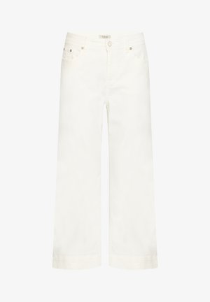 Hvide jeans med højtaljet lige ben, foran med knap- og lynlåslukning, bæltestropper og forlommer.