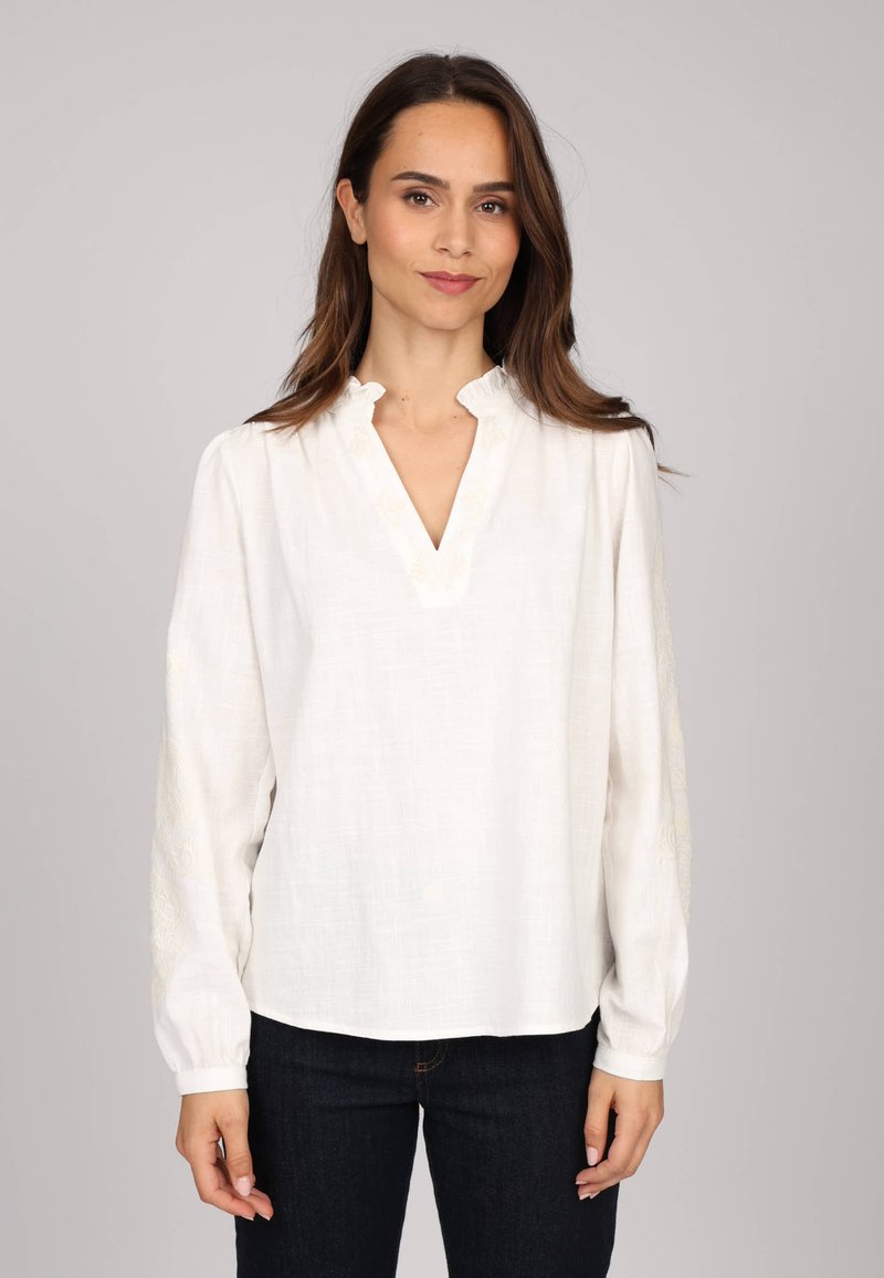 Blouse blanche légère avec col en V et col à volants, ornée de détails brodés sur les manches, associée à un jean foncé.