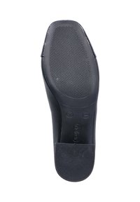 Sole of a black shoe with textured rubber grip on the forefoot and heel, displaying size 37 and brand markings.