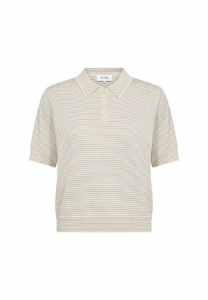 Beżowa koszulka polo z krótkim rękawem, cienkimi poziomymi paskami, małymi guzikami i ściągaczem.