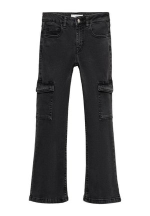 Pantalons cargo en denim noir à jambes évasées, dotés de deux poches latérales et d'un design classique à cinq poches. Texture douce avec des détails de couture minimaux.