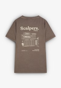 Grå bomulds t-shirt med et biografgrafik i hvid, tekstelementer og en afslappet pasform med korte ærmer og rund halsudskæring.