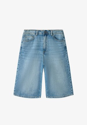 Svetlo modri kavbojski kratki hlače do kolen z žepi spredaj in zadaj, z zapenjanjem na gumb in z zankami za pas.