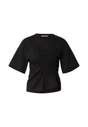 Schwarzes Kurzarm-Top mit weiten Ärmeln und gerafften Details in der Mitte vorne und an den Seiten, gekürzter Saum.