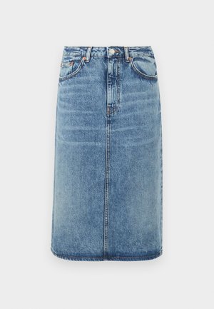 Denim skirt in light blue. Features a straight silhouette, five pockets, and a button closure with belt loops. Distressed texture accents.