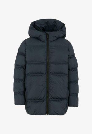 Donkerblauwe gewatteerde jack met capuchon, met een volledige ritssluiting, een geborduurd design en elastische manchetten voor warmte en comfort.