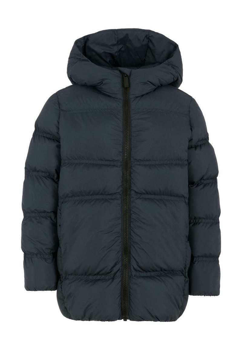 Giacca imbottita di un blu scuro con cappuccio, dotata di zip a tutta lunghezza, design trapuntato e polsini elasticizzati per calore e comfort.