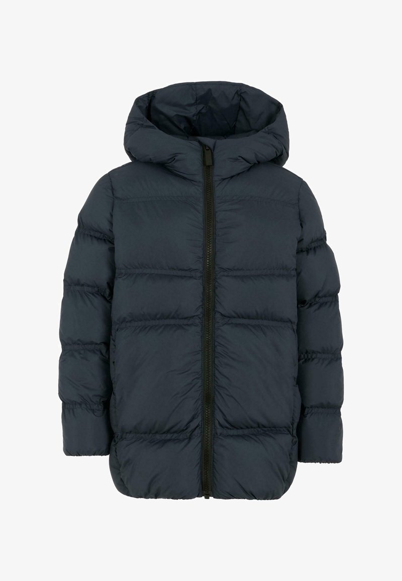 Giacca imbottita di un blu scuro con cappuccio, dotata di zip a tutta lunghezza, design trapuntato e polsini elasticizzati per calore e comfort.