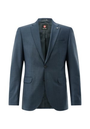Navy blue men's blazer with notch lapels, two front buttons, flap pockets, and a chest pocket, branded inner lining visible.