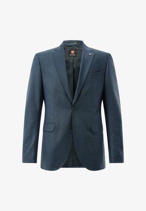 Marineblaues Herren-Sakko mit Kerbkragen, zwei vorderen Knöpfen, Pattentaschen und einer Brusttasche, sichtbares innenliegendes Markenfutter.