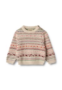 Pull en tricot crème avec des motifs géométriques multicolores, doté d'un col rond et d'un détail de bouton sur l'épaule. Texture douce, manches longues.