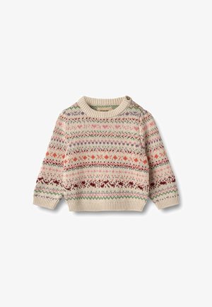 Maglione lavorato a maglia di colore crema con motivi geometrici multicolori, dotato di scollatura a girocollo e dettaglio con bottoni sulla spalla. Texture morbida, maniche lunghe.