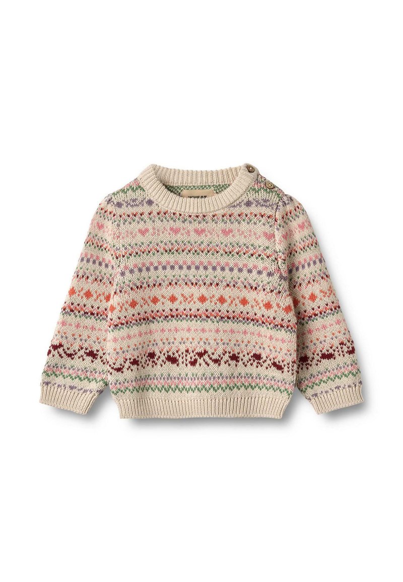 Pull en tricot crème avec des motifs géométriques multicolores, doté d'un col rond et d'un détail de bouton sur l'épaule. Texture douce, manches longues.