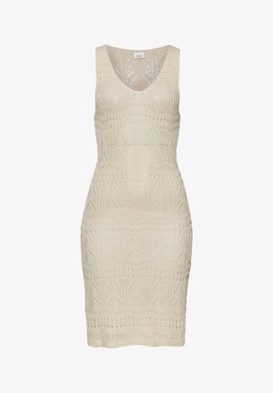 Beige Strickkleid mit V-Ausschnitt, ärmellosem Design, das komplizierte geometrische Muster und eine Silhouette in Oberschenkelhöhe aufweist.