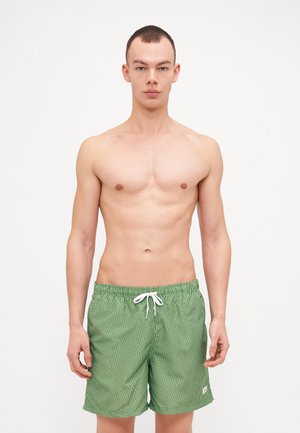 Grønne mønstrede badetøyshorts med hvit snor, med vertikalt stripe-design og elastisk midjebånd, båret av en skjorteløs modell.
