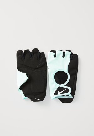 Guanti da allenamento neri e verde menta con design senza dita; tessuto morbido, palmo imbottito e texture perforata per traspirabilità.