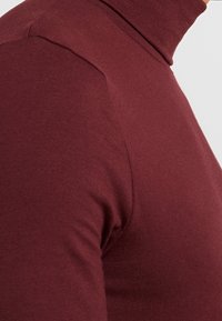 Bordowy sweter z golfem o miękkiej fakturze, dopasowany krój i prążkowany kołnierz. Bez widocznych wzorów ani elementów metalowych.