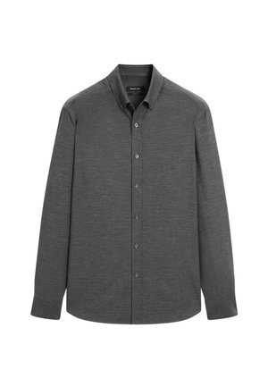 Gray long-sleeve shirt made from a textured fabric, featuring a button-down collar and front buttons, with a curved hemline.