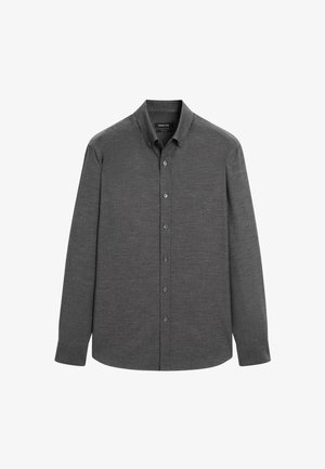 Graues langärmeliges Hemd aus einem strukturierten Stoff, mit einem Button-Down-Kragen und Knöpfen auf der Vorderseite, sowie einem abgerundeten Saum.