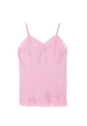 Camisole rosa tenue con delicato bordo in pizzo lungo lo scollo a V, le spalline e l'orlo, realizzata in tessuto liscio e leggero.