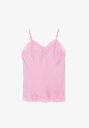 Camisole rosa tenue con delicato bordo in pizzo lungo lo scollo a V, le spalline e l'orlo, realizzata in tessuto liscio e leggero.