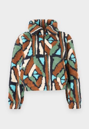 Fuzzy zip-up jacket featuring a geometric pattern in shades of brown, green, blue, and cream. Collared design with elasticized cuffs.