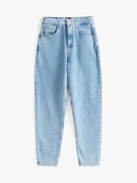 Blugi din denim de culoare albastru deschis, cu talie înaltă, picior îngustat, cinci buzunare și închidere cu un singur nasture. Material texturat cu o ușoară decolorare.